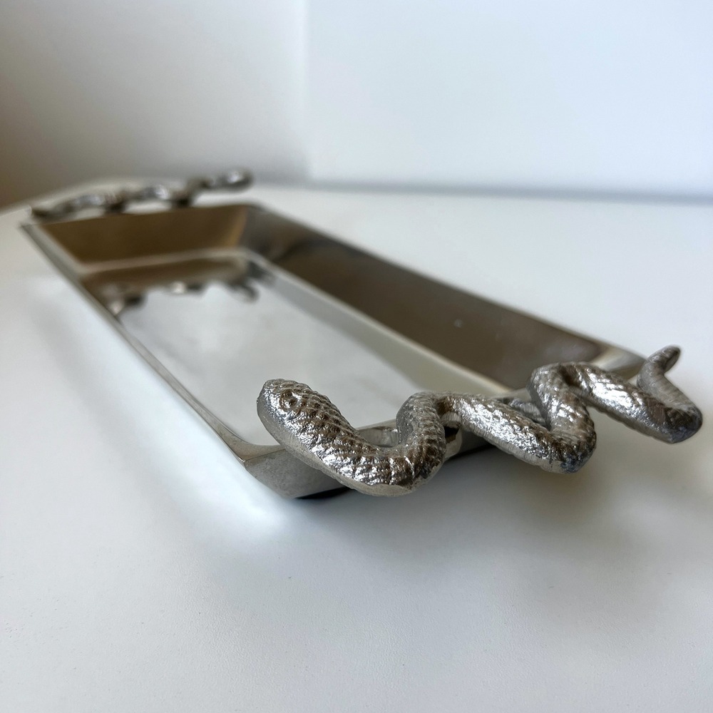 Snake Handle Silver Tone Metal Serving Tray Made in India Decorative Catchall